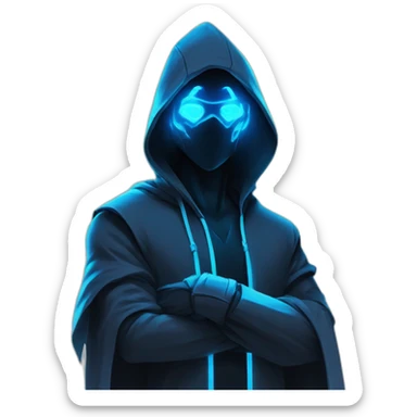 developer behind his laptop with the style of Riot Games Valorant neon blue eyes glowing bright blue Video game character blue black hooded assassin themed character shrouded wraith sticker