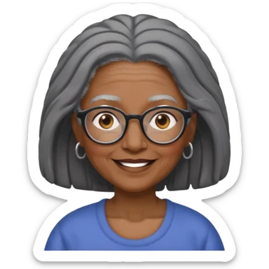 emoji of a black grandma with long hair that reaches past shoulder black and gray hair with glasses and brown eyebrows sticker