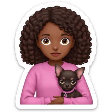 Girl with dark brown curly hair and brown eyes in a pink sweater holding a black chihuahua sticker