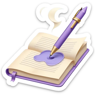 Create a whimsical and poetic emoji symbolizing poetry. The design should have several elegant pages floating smoothly in the air with short poetic columns written on them. Add a white pen resting gracefully on the pages and an inkwell. The overall color palette should include soft pastel tones such as light blue, purple and cream, which will add airiness and dreaminess to the design. Make the background transparent sticker