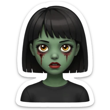 Zombie girl emoji verde escuro com cabelo curto liso preto no ombro e franja na altura da sobrancelha cobrindo completamente a testa, usando uma blusa preta, com olhos castanhos escuros sticker