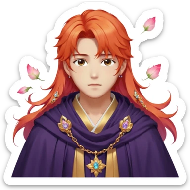 Beautiful gorgeous blushing Korean-BTS-anime guy with beautiful fiery-special-medium-long-hair, fashion aesthetic, ethereal, fairycore, pastelcore, flower petals, crystals, layered robes, toga, cloak scarf, accessories, jewelries, gold, colorful, shiny, trending style, outside sticker
