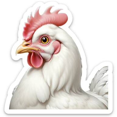 Cinematic Noble White Chicken Portrait Emoji, Poised and regal, with a compact, sturdy build and a pristine, well-groomed pure white plumage, deep-set soulful beady eyes, Simplified yet sharp and sophisticated features, highly detailed, glowing with a soft, dignified glow, high shine, intelligent and alert, stylized with an air of barnyard elegance, focused and attentive, soft glowing outline, capturing the essence of a watchful and confident fowl, so majestic it feels as though it could strut out of the screen with effortless authority! sticker