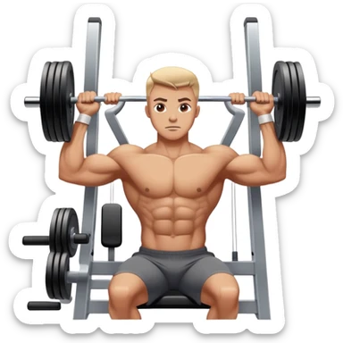 A focused athlete using a gym machine, lifting weights with determination. The gym has modern equipment, mirrors reflecting strength, and a motivating atmosphere. The athlete's concentration shows dedication and commitment to fitness sticker