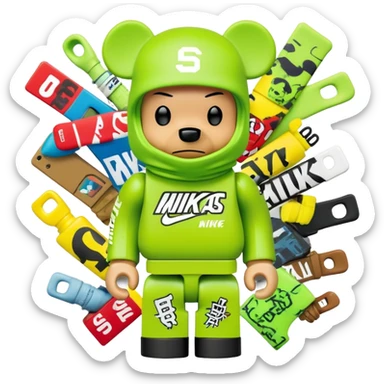 bearbrick toy with cubic head wearing a lime green balaclava covered in multiple street brand logos like Supreme, Nike, Adidas, Off-White in graffiti style, chaotic and adventurous logo placement, expressive eyebrows sticker