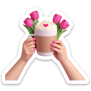 hands with pink nails holding a coffee cup, heart-shaped latte art, pink tulip bouquet in the background, light pastel colors sticker