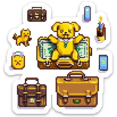 Yellow emoji with karate dogs, a briefcase, money, a phone and a paintbrush flying in its aura sticker