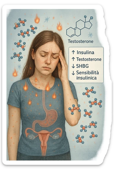 Donna tra i 25 e i 35 anni in primo piano, con espressione affaticata. Intorno al suo corpo appaiono in modo stilizzato e simbolico squilibri ormonali: molecole di insulina in eccesso fluttuano attorno, androgeni (testosterone) evidenziati sopra la testa, segnali visivi di infiammazione cronica lieve. Sopra le ovaie (visibili in trasparenza) compaiono piccole cisti multiple. Accanto a lei, un diagramma stilizzato mostra: '↑ Insulina', '↑ Testosterone', '↓ SHBG', '↓ Sensibilità insulinica'. L’atmosfera è scientifica, educativa ma empatica. Stile realistico con elementi infografici fluttuanti e colori freddi ma puliti. in italiano sticker