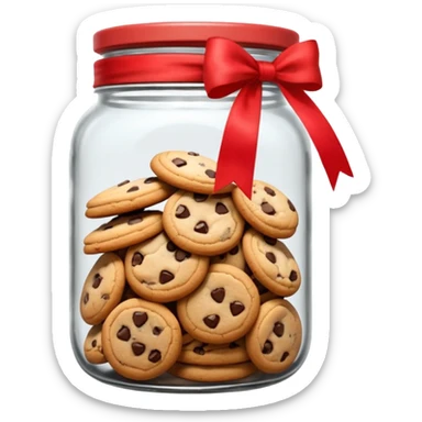 A chewy chocolate chip cozy cookie in an organized jar, saying "Cookie Jar" with some small illustrations on the jar to indicate there are cookies stored inside, a big red ribbonon the lid sticker