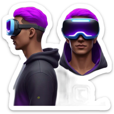 Man with white skin in the black hoody with violet OMG VR logo on it wearing vr headset oculus quest 2. Cyberpunk style. Violet neon. sticker