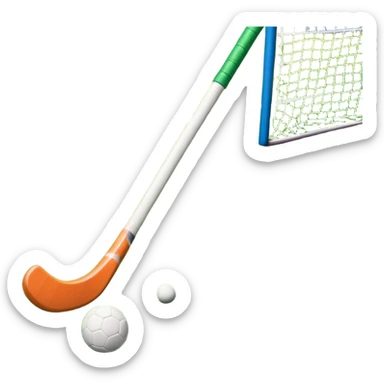 A field hockey stick and ball resting on a well-maintained green grass field, with the goalposts and markings visible in the background. The scene highlights the precision and focus of the sport, with the vibrant green pitch creating a dynamic atmosphere. sticker