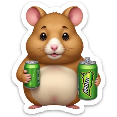 Funny cartoon-style fat hamster wide eyed holding a can of monster energy in one hand and redbull in the other hand sticker