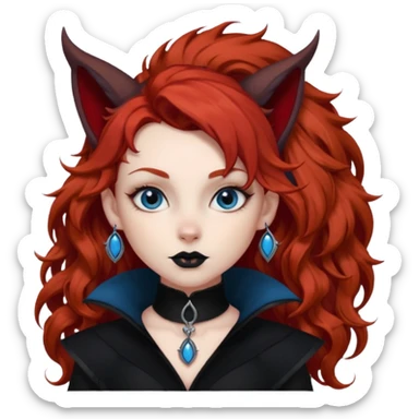  long curly red hair (darker), red pointed ears with black trim, black goth outfits, body and face human, blue eyes, more pointy chin, black lipstick, big fluffy red squirrel tail with black tips, like the attached photo with more outfits and poses,  sticker
