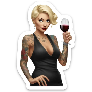 Blonde elegant women, her body covered with tattoos, wine in her one hand, pointing on you with her other hand , Hyper realistic sticker