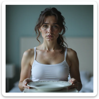 realistic woman with PCOS weighing herself on scale, holding ketogenic plate, disappointed expression, face with acne and facial hair, thin hair, clinical environment, hyperrealistic 4K details sticker