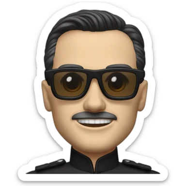 small photo realistic Ralf Hutter from Kraftwerk, short straight black hair, Dark Brown eyes, black glasses, thin, black shirt, side view, waving, riding open top black tesla sticker