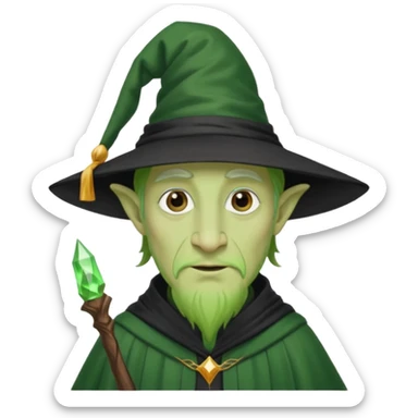 Green-skinned male wizard with a long nose, wearing a black hat and robe sticker