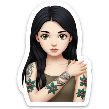 hyper realistic slavic Pale girl with long black hair arm tattoos sticker