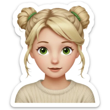 dirty blonde hazel  green eyes woman with a white cable knit sweater and one messy bun with tendrils of hair flowing down her face and she is happy pale, some freckles, blush. she has a cateye wing and long lashes sticker