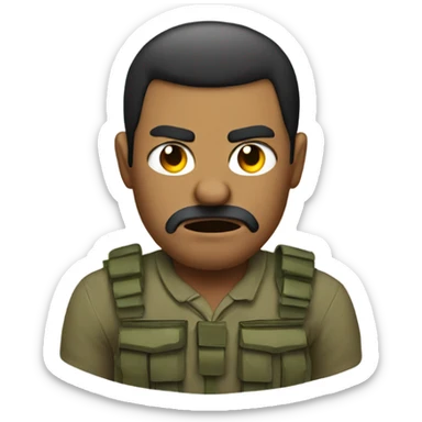 man with an angry face holding a army sticker