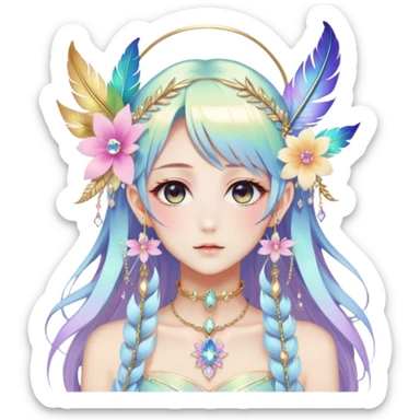 Beautiful gorgeous anime lady with beautiful iridescent-special-hair, fashion aesthetic, ethereal, fairycore, pastelcore, feather-ear-cuff, flower, crystals, accessories, jewelries, gold, colorful sticker