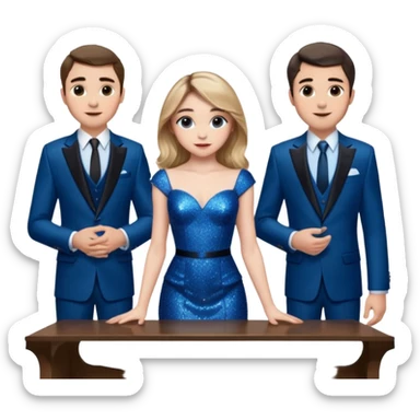 Sabrina carpenter in a blue sparkly dress at a table with 3 handsome men, and she is standing up reaching over  sticker