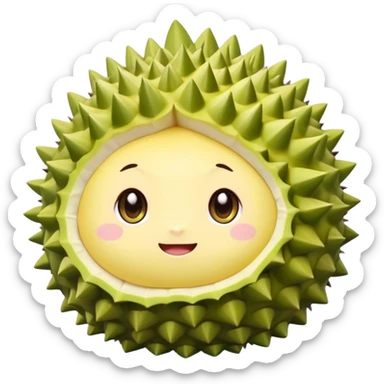 A chibi-style round durian character with green spiky shell and yellow flesh, blushing and shy with sparkly eyes – pastel tones sticker