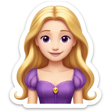 Cinematic Radiant Rapunzel Portrait Emoji, rendered in a flat vector style with clean proportions. Show Rapunzel with a gentle smile, fair, glowing skin, and her iconic long golden hair cascading softly, wearing a simple, elegant purple dress. The image radiates a warm, enchanting glow, high shine, and is accentuated by a soft glowing outline. sticker