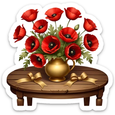 A lush bouquet of deep red poppies tied with a faded gold ribbon, resting on an antique wooden table. Warm brown leaves and golden sunlight add a vintage charm. sticker