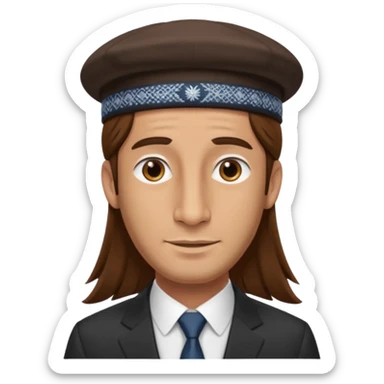 Man with a long nose wearing a suit and kippah, he has long brown hair with a payot sticker