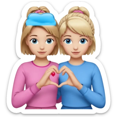 Two best friends making a heart shape with their hands together. One of them has blond hair which is shorter and the other has brown hair tied up. They are both wearing pink outfits. They both have blue eyes. One of them has their hair down  sticker