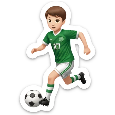Celtic footballer jersey logo  6 years old brown hair white boy , brown eyes , stripes uniform , RUNNING  with soccer ball is number  17 celtic football logo  ONE CELTIC LOGO ONLY white shorts sticker