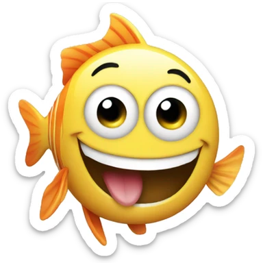 Laughing emoji that is wearing pants, but also revealing a fish  sticker