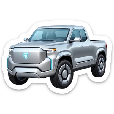 A futuristic electric pickup truck emoji, silver chrome body, angular cyber design, smooth metallic panels, subtle reflections, minimalistic proportions, iOS emoji style, centered composition, clean white background, soft lighting sticker