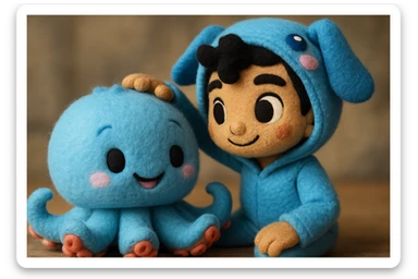 Combine the cute blue plush octopus and the human character in a blue animal onesie. Show the human gently petting the octopus, both looking happy and friendly, in a soft, playful plush portrait style. sticker