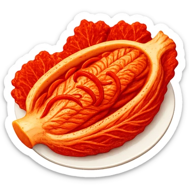 Apply red chili seasoning evenly on all green cabbage leaves to make it look like kimchi. Remove all green color so no green remains. The style should resemble emoji style but without a face. Background should be removed. sticker