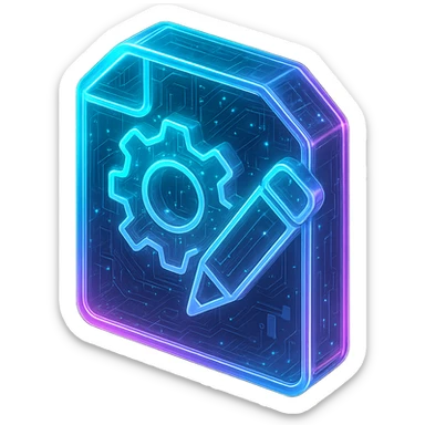 Create an icon of a piece of paper with a gear on it and a pencil, in a cyberpunk, holographic style with glowing neon blue and pink edges, circuit patterns throughout. The paper, gear, and pencil should be clearly visible and recognizable, with a consistent cyberpunk glow and intricate circuit details, matching the style of the previous cyberpunk icons. sticker