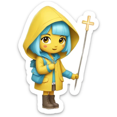 Cute little girl with light blue hair with peach skin, with yellow raincoat hooded with boots holding a staff, with a cross necklace, Sanrio design sticker