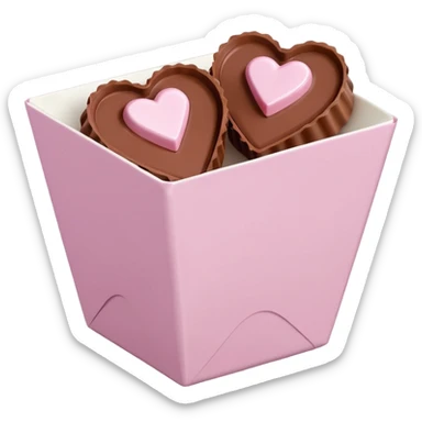 Two sharp-edged square milk chocolate pralines placed diagonally, each in a white fluted paper candy cup, with smooth glossy coating.
Flat thin pastel pink heart icing centered on top with subtle sugar crystal sparkle, clean studio lighting, pure white background, realistic minimal emoji-style. sticker