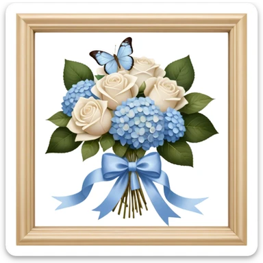 An antique wooden windowsill adorned with an elegant arrangement of white roses and soft blue hydrangeas. A silk bow in muted beige is loosely tied around the bouquet, while a translucent butterfly with pearlescent wings delicately lands on the petals. sticker