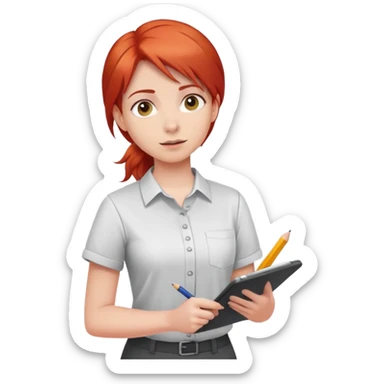 Intern or volunteer red hair holding a clipboard and pencil, ready to take notes or assist. The character wears a simple shirt and has an eager posture sticker
