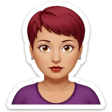 femme 40 ans, cheveux très court rouge foncé piercing sur le nez yeux marrons, surpoids sticker