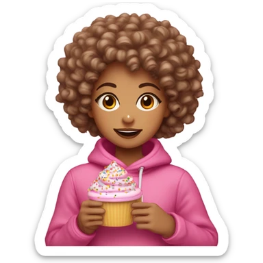 A lightskin girl with curly hair dressed in fall attire eating a pink frosted doubt with sprinkles  sticker