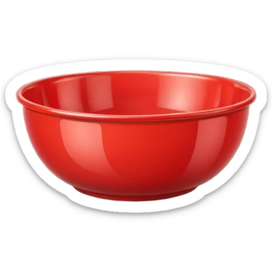 A bright red plastic household bowl. Smooth glossy surface, soft studio lighting, subtle shadow underneath. Product-style photography, crisp focus, minimalistic composition. sticker