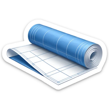 partially unrolled blue blueprint with white lines, side perspective sticker