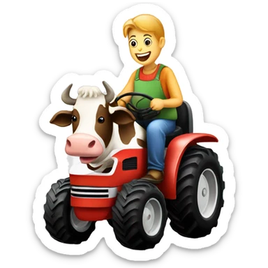 A cow riding a tractor eating a burger sticker