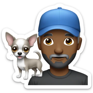 Handsome blue eyed man, with grey hair,  and grey goatee beard, wearing ball cap, holding ‘a black long hair chihuahua’ sticker