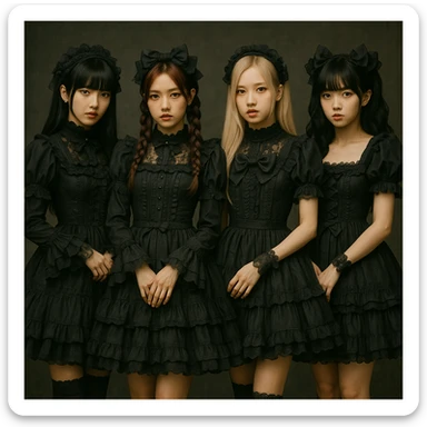 Blackpink in lolita goth style, frilly dresses, lace, cute but dark sticker