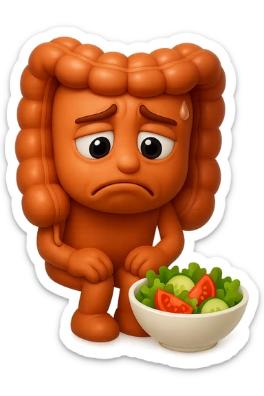 EMOJI STILE IPHONE DI UN INTESTINO UMANO ANATOMICO CHE GUARDA UN INSALATA CON ESPRESSIONE TRISTE E RASSEGNATA IN VOLTO: SOFFRE LA FAME PERCHé è A DIETA, FAGLI ANCHE LA PARTE BIANCA DEGLI OCCHI, NON SOLO LE PUPILLE, IPERREALISTICO 4K sticker