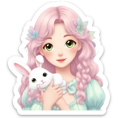 Gorgeous pastel anime style lady with blushing face and holding a bunny cottagecore fairycore pastelcore colorful pearly romantic simplistic aesthetic trending style sticker